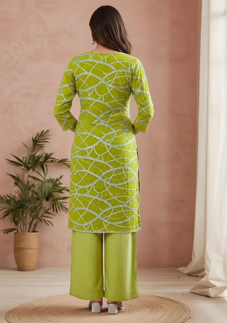 Leaf Green Printed Georgette Straight Kurta Set - Indya