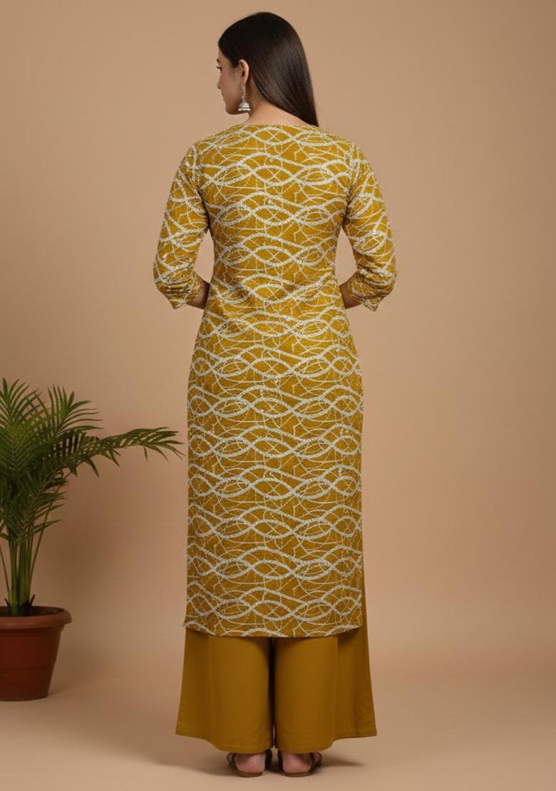 Mustard Printed Georgette Straight Kurta Set - Indya