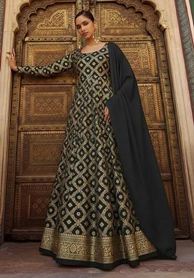 Black Silk Blend Anarkali With Dupatta