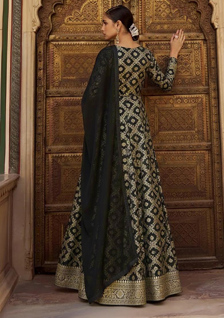 Black Silk Blend Anarkali With Dupatta - Indya