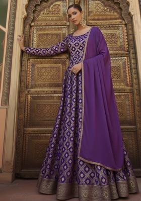 Purple Silk Blend Anarkali With Dupatta