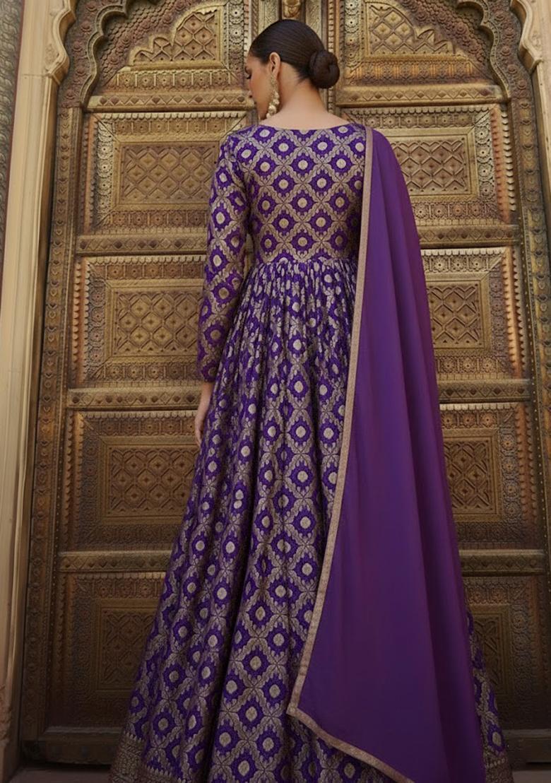 Purple Silk Blend Anarkali With Dupatta - Indya