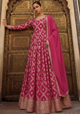 Rani Pink Silk Blend Anarkali With Dupatta