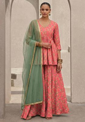 Coral Peach Floral Print Crepe Sharara Set