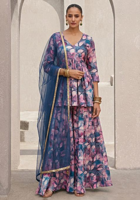 Multicolor Floral Print Crepe Sharara Set