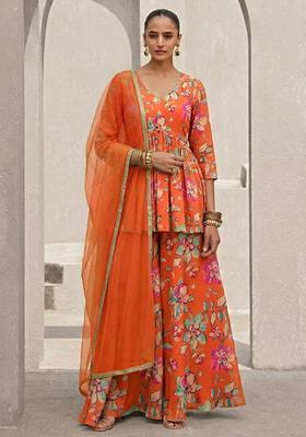 Orange Floral Print Crepe Sharara Set