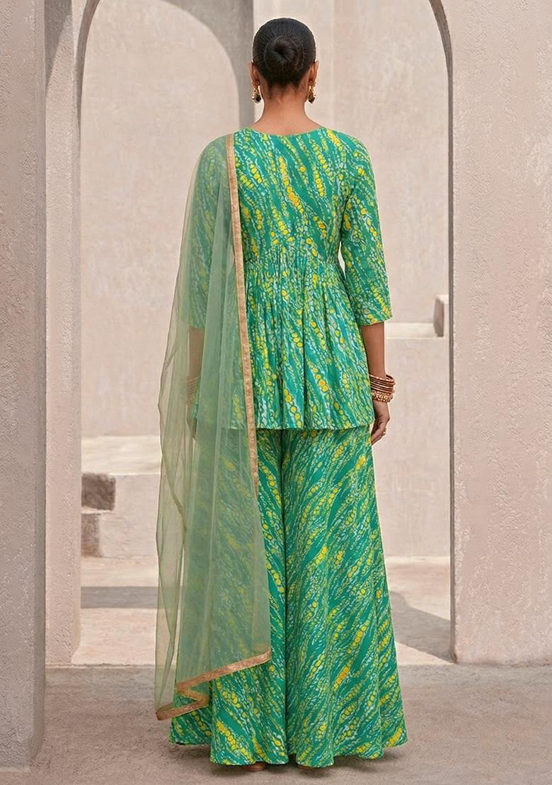 Emerald Green Floral Print Crepe Sharara Set - Indya
