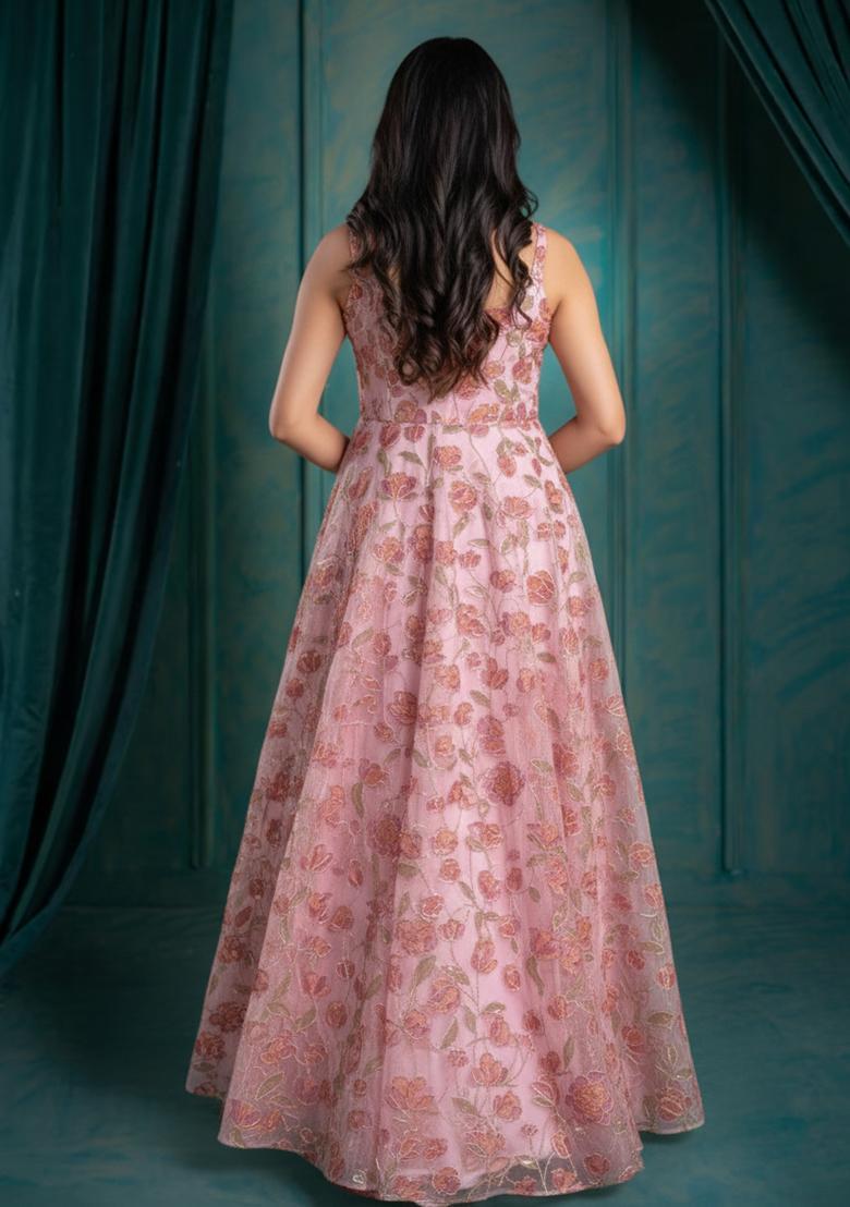 Soft Pink Embroidered Organza Anarkali With Dupatta - Indya