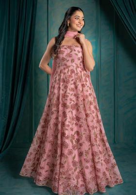 Blush Pink Embroidered Organza Anarkali With Dupatta