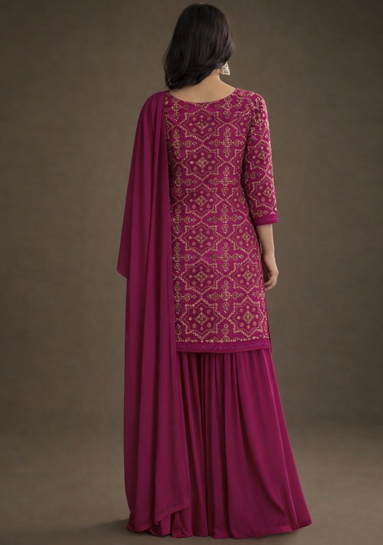 Magenta Embroidered Net Sharara Set - Indya