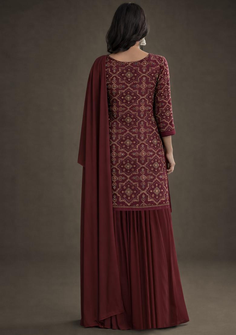 Wine Embroidered Net Sharara Set - Indya