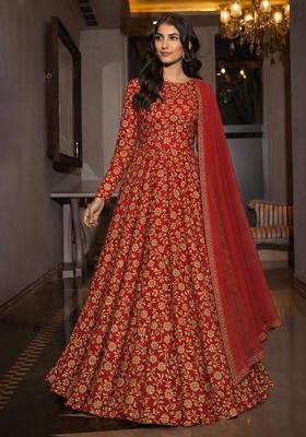 Deep Red Silk Blend Anarkali With Dupatta