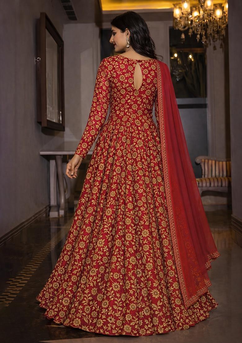 Deep Red Silk Blend Anarkali With Dupatta - Indya
