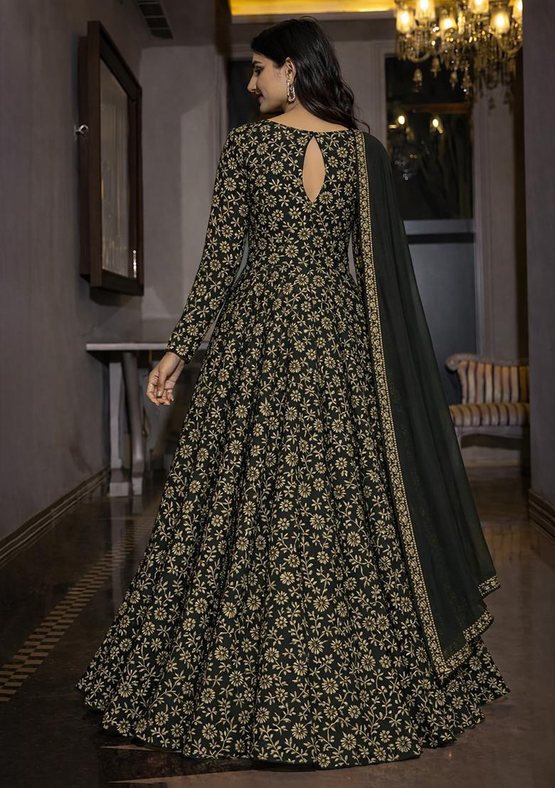 Black Silk Blend Anarkali With Dupatta - Indya