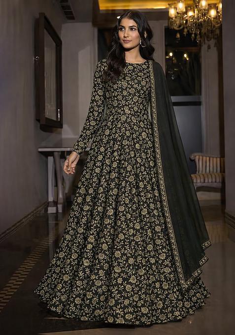 Black Silk Blend Anarkali With Dupatta