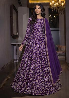 Purple Silk Blend Anarkali With Dupatta