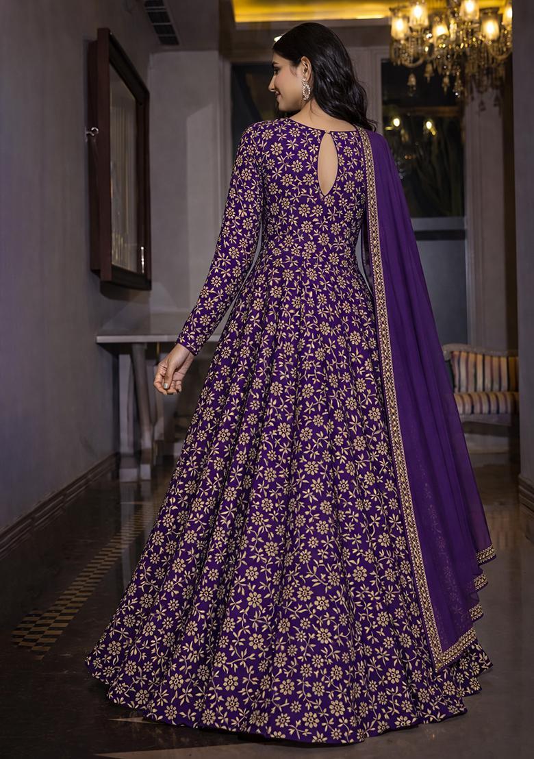 Purple Silk Blend Anarkali With Dupatta - Indya