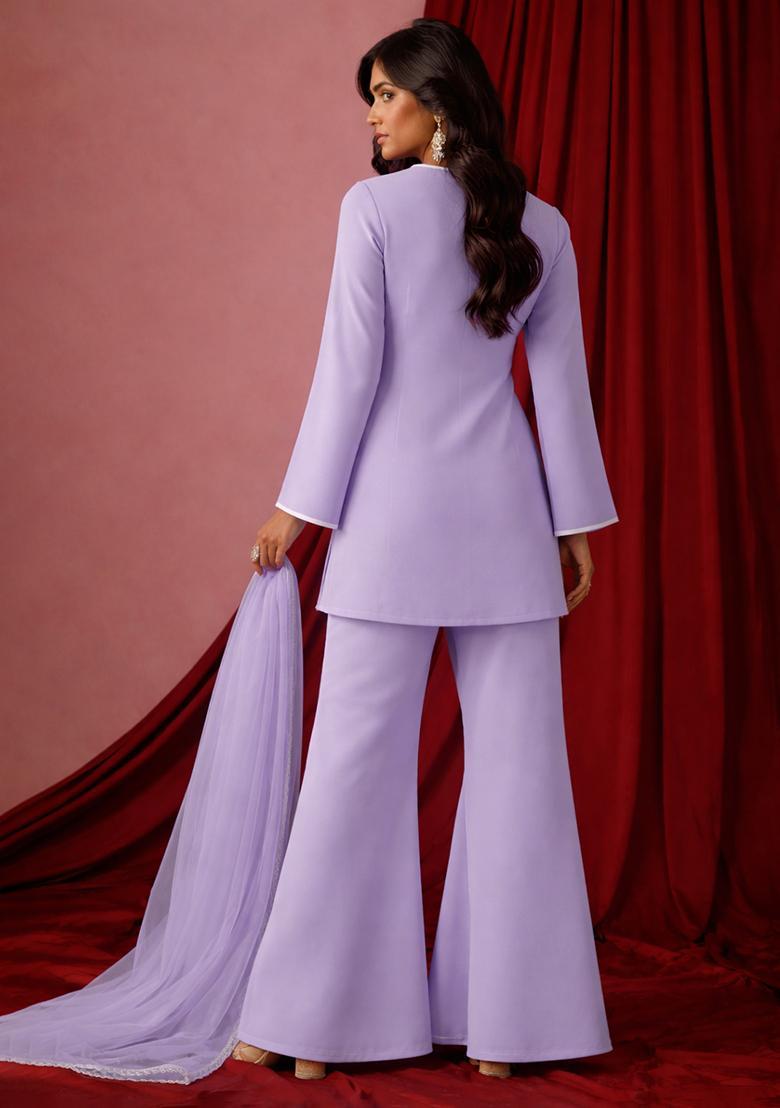 Lavender Embroidered Georgette Sharara Set - Indya