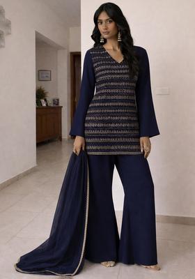 Navy Blue Embroidered Georgette Sharara Set