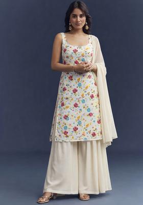Off White Floral Print Crepe Sharara Set