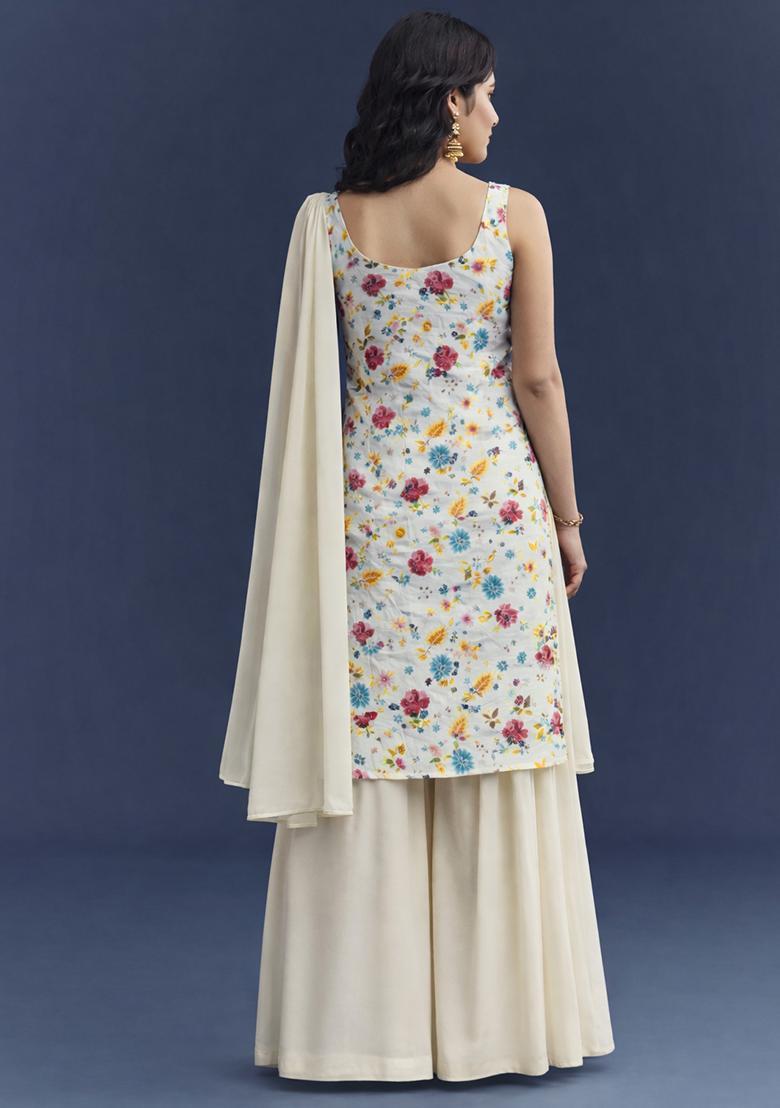 Off White Floral Print Crepe Sharara Set - Indya