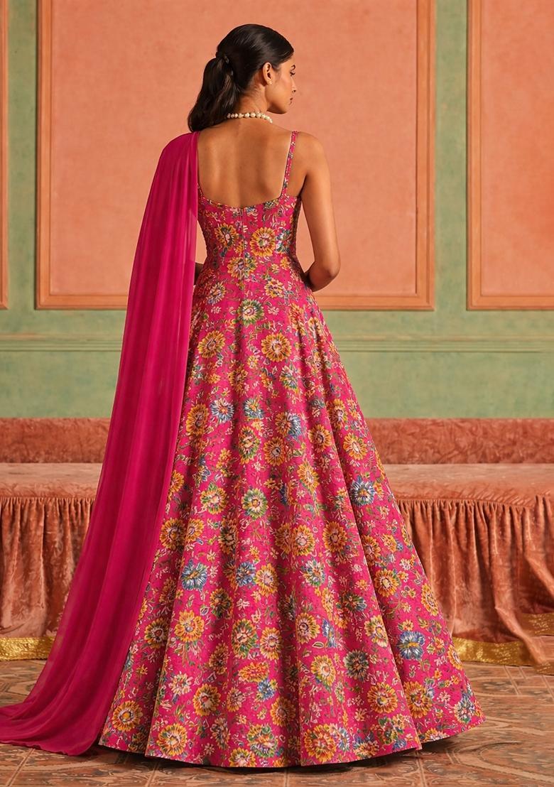 Rani Pink Floral Print Crepe Anarkali With Dupatta - Indya