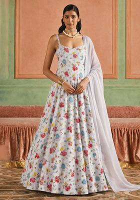 Ivory Floral Print Crepe Anarkali With Dupatta