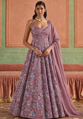 Muave Floral Print Crepe Anarkali With Dupatta