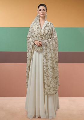 Off White Embroidered Crepe Anarkali With Dupatta