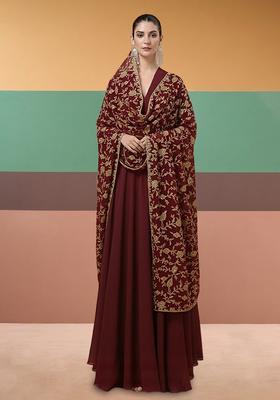 Wine Embroidered Crepe Anarkali With Dupatta