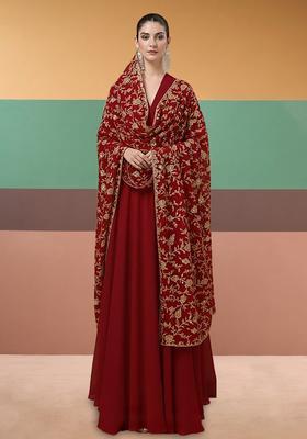Deep Red Embroidered Crepe Anarkali With Dupatta