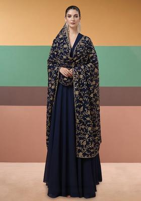 Navy Blue Embroidered Crepe Anarkali With Dupatta