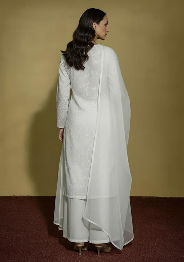 Ivory Chikankari Tissue Straight Kurta Set - Indya