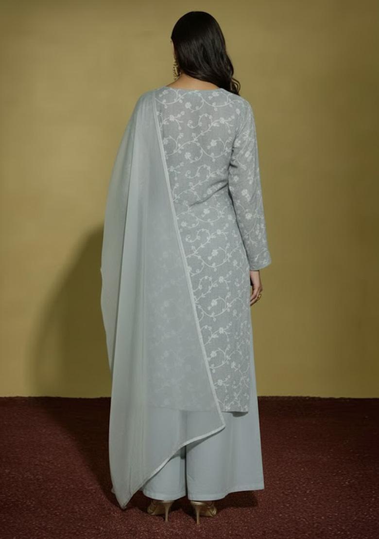 Powder Blue Chikankari Tissue Straight Kurta Set - Indya