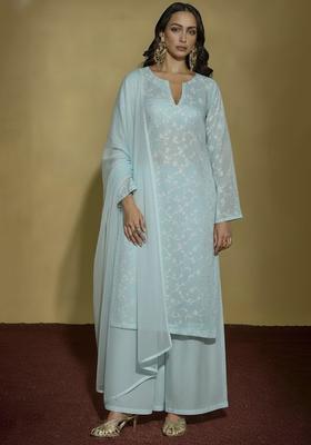 Ice Blue Chikankari Tissue Pakistani Suit Set