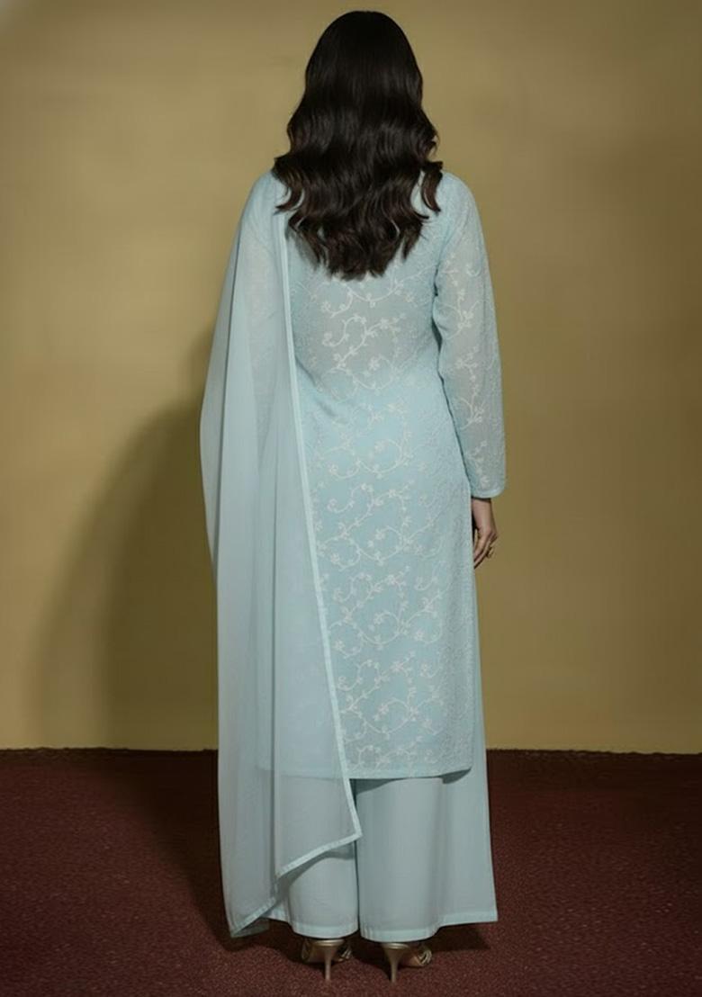Ice Blue Chikankari Tissue Pakistani Suit Set - Indya