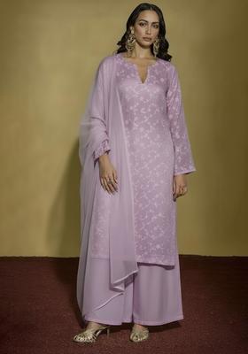 Lavender Chikankari Tissue Straight Kurta Set
