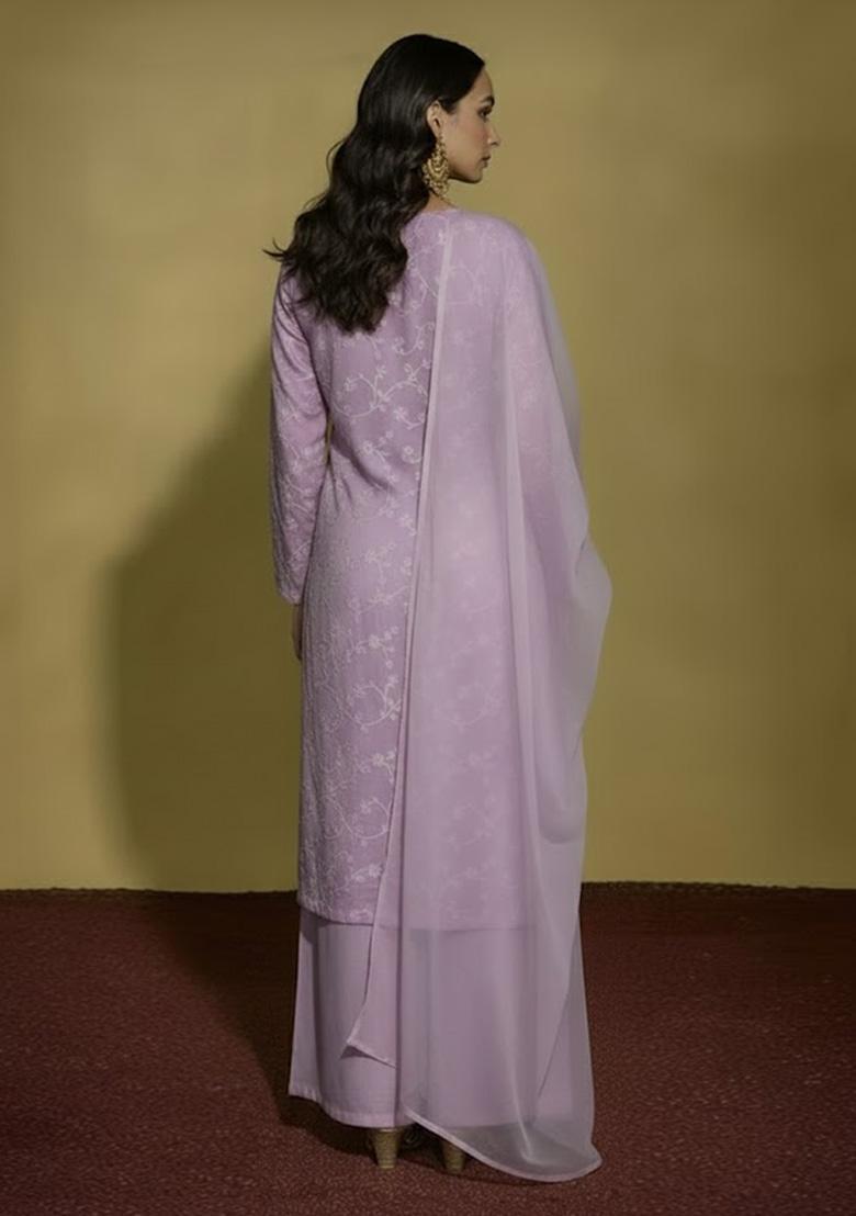 Lavender Chikankari Tissue Straight Kurta Set - Indya
