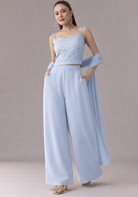 Ice Blue Embroidered Crepe Fusion Set