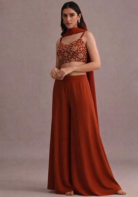 Rust Embroidered Crepe Fusion Set