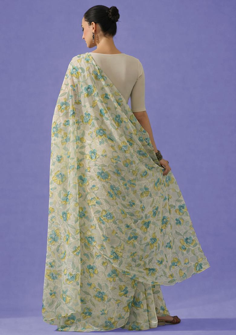 Leaf Green Embroidered Organza Pre Draped Saree Set - Indya