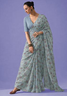 Light Blue Embroidered Organza Pre Draped Saree Set