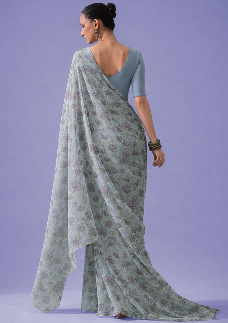 Light Blue Embroidered Organza Pre Draped Saree Set - Indya