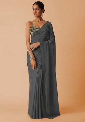 Grey Embroidered Crepe Pre Draped Saree Set
