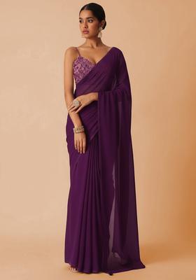 Purple Embroidered Crepe Pre Draped Saree Set