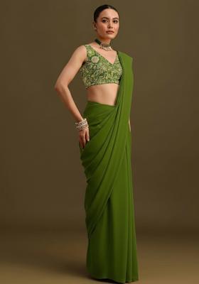 Olive Green Embroidered Crepe Pre Draped Saree Set