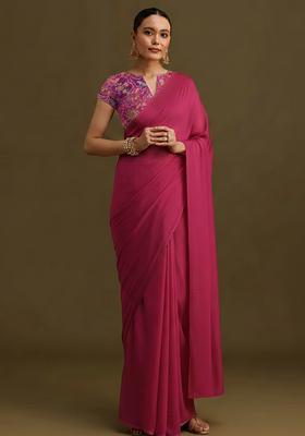 Rani Pink Embroidered Crepe Pre Draped Saree Set