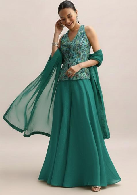 Teal Green Embroidered Crepe Fusion Set