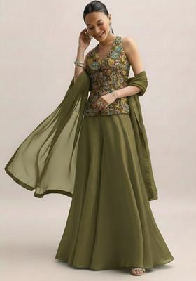 Olive Green Embroidered Crepe Fusion Set
