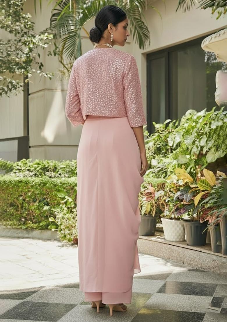 Soft Pink Sequin Georgette Fusion Set - Indya